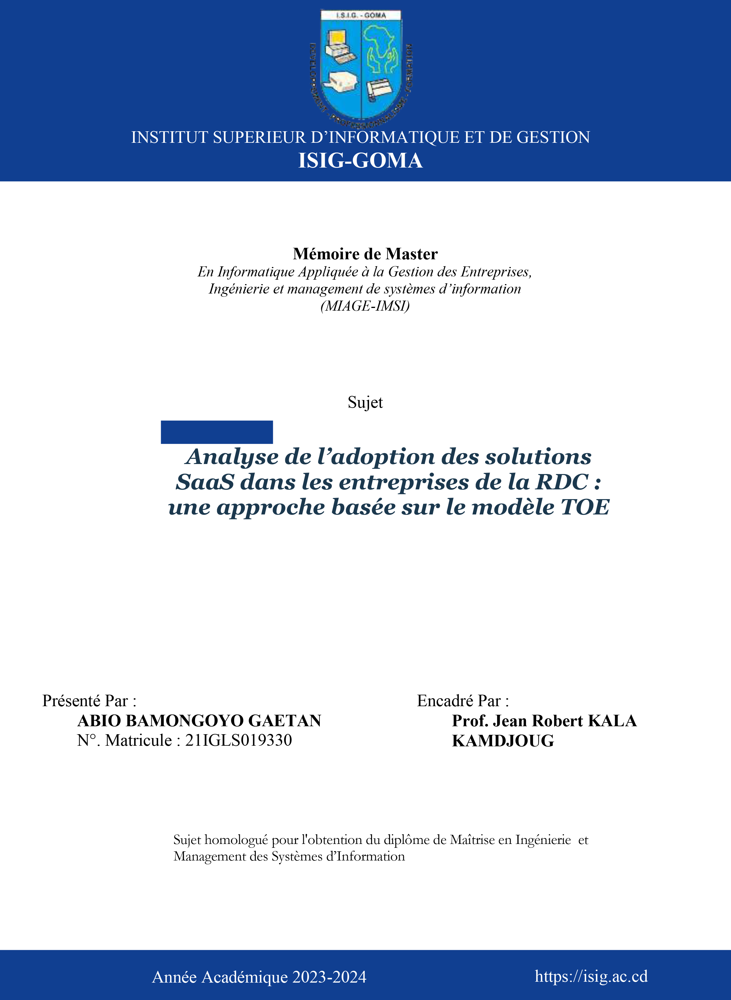 Analyse de l’adoption des solutions  SaaS dans les entreprises de la RDC :  une approche basée sur le modèle TOE